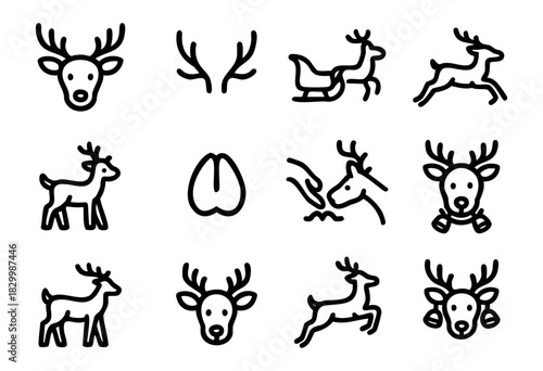 Deer & Reindeer line icons — various poses of wild deer, antlers, and Christmas reindeer symbols — stock vector.