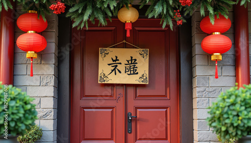 Decorative entrance with red lanterns and festive door sign

