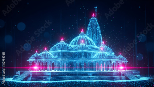 Futuristic Digital Render Of Ram Mandir Ayodhya Temple Featuring Neon Blue And Pink Lights Glowing Particles Abstract Data Stream Concept Art Of Hindu Architecture Technology Spiritual Devotion
