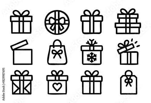Gift Box line icons — various present boxes, gift bags, and surprise packages with ribbons and bows — stock vector.