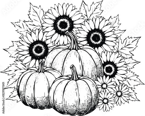 Autumn harvest composition with pumpkins, sunflowers and leaves