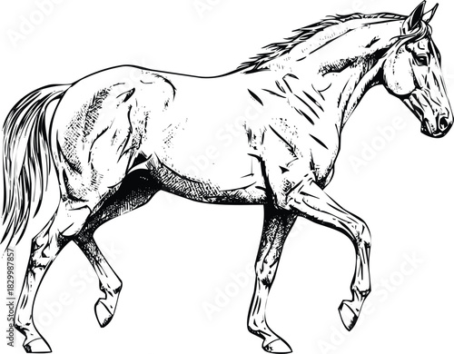 Detailed line art drawing of a majestic horse, in a walking pose