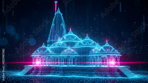 Futuristic Digital Render Of Ram Mandir Ayodhya Temple Featuring Neon Blue And Pink Lights Glowing Particles Abstract Data Stream Concept Art Of Hindu Architecture Technology Spiritual Devotion
