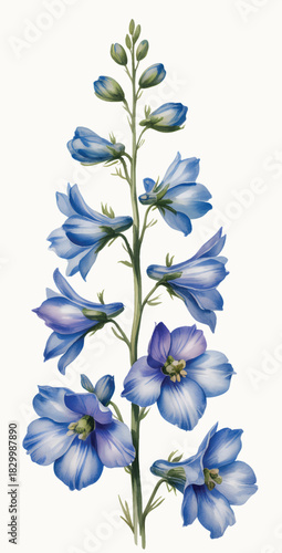 Botanical delphinium blossoms in gentle blue watercolor.