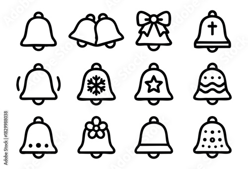 Christmas Bells line icons — various festive jingle bells and church bells with holiday decorations — stock vector.