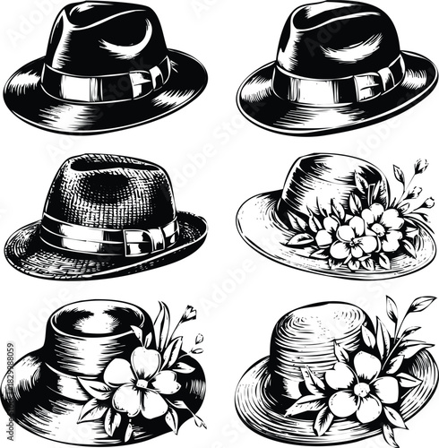 Classic engraved hats collection: fedora and elegant floral styles