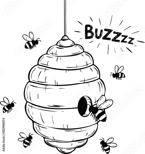 Cartoon drawing of an active beehive with flying bees and buzz