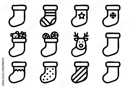 Christmas Stocking line icons — various patterned and decorated holiday stockings, empty and full of treats — stock vector.