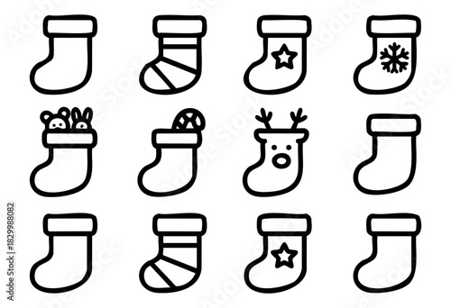 Christmas Stocking line icons — various patterned and decorated holiday stockings, empty and full of treats — stock vector.
