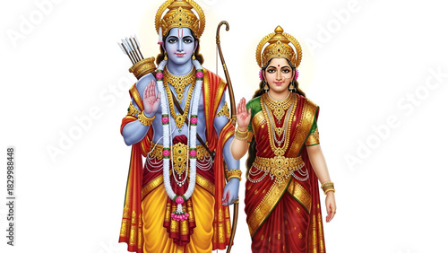 Divine Couple Of Lord Rama And Goddess Sita Standing Together Blessing The Viewers Beautiful Indian Mythology Hindu God Bhagwan Ramachandra And Devi Sita Art With White Background Digital
