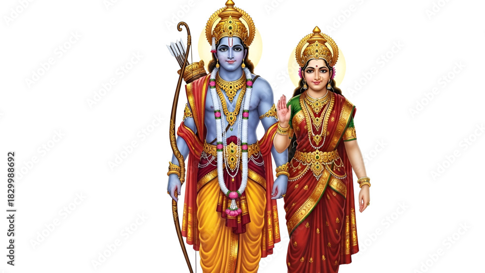 Fototapeta premium Divine Couple Of Lord Rama And Goddess Sita Standing Together Blessing The Viewers Beautiful Indian Mythology Hindu God Bhagwan Ramachandra And Devi Sita Art With White Background Digital 