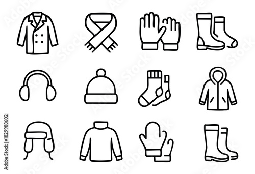Winter Clothes line icons — warm apparel, cozy accessories, and cold weather garments — stock vector.