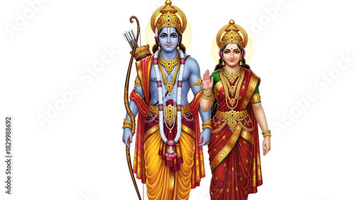 Divine Couple Of Lord Rama And Goddess Sita Standing Together Blessing The Viewers Beautiful Indian Mythology Hindu God Bhagwan Ramachandra And Devi Sita Art With White Background Digital

