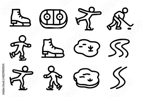 Ice Skating doodle icons — figure skating, hockey, and winter sport on a frozen pond — stock vector.