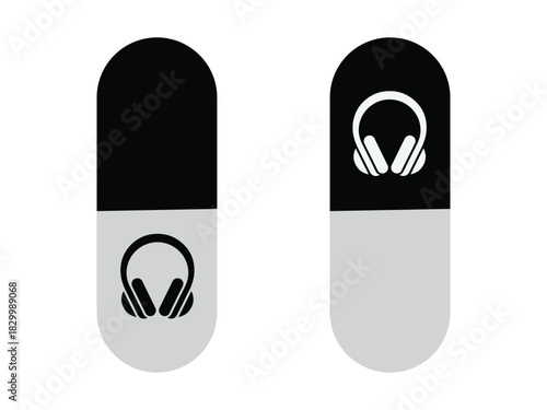 Black and White Capsule Logo with Headphones. Split Capsule Music Icon Illustration. Music Headset Icon in Simple Capsule Layout.