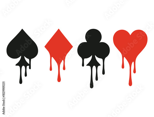 Dripping card suits merging bold shapes into a vivid dramatic design