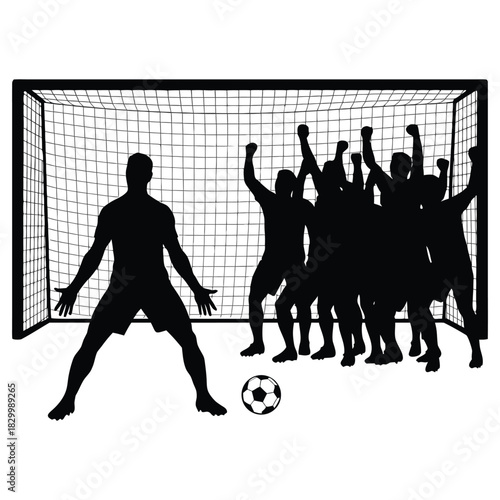 Goalkeeper facing crowded defenders as tension builds before decisive shot