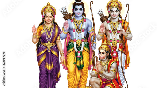 Divine Ram Darbar Depicting Lord Rama Seeta Lakshmana And Hanuman Standing Together In Royal Attire Blessing Devotees With Grace Against White Background Traditional Indian Religious Art
