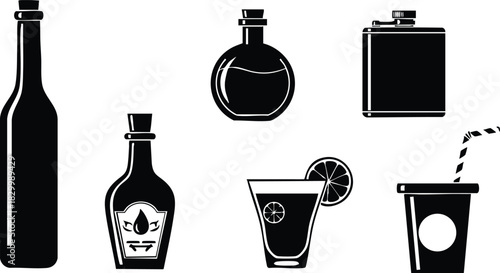 Flat design black silhouette set of assorted drink containers including tall bottle round flask cocktail glass with lemon slice and takeaway cup with striped straw vector collection