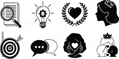 Minimalist black icon set with magnifying glass document light bulb gear heart wreath female profile crown target chat bubbles hugging woman mother kissing children