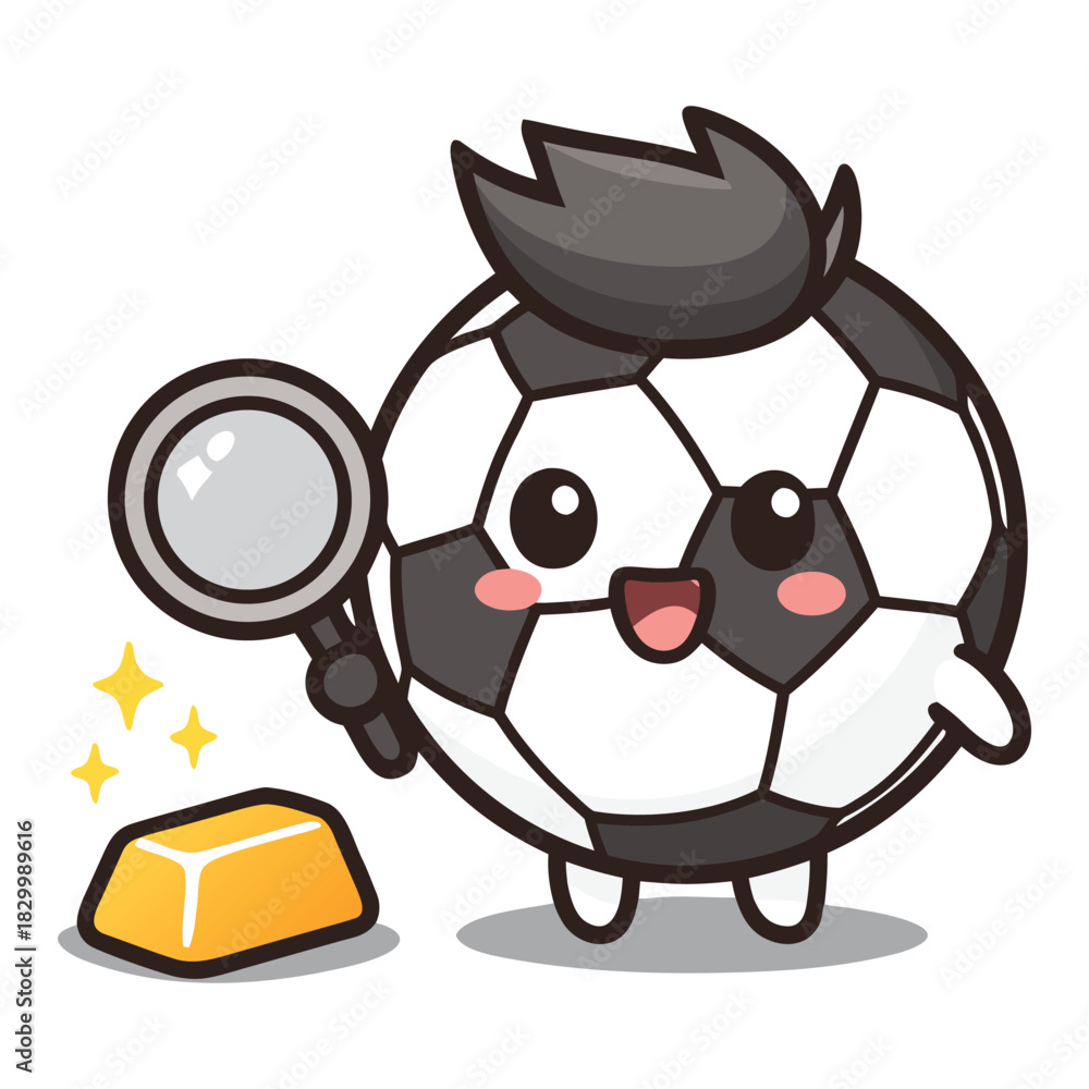 Naklejka premium Cheerful soccer character discovering shiny treasure with curious joyful excitement