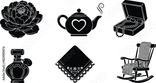 Vintage vector art set of black silhouette icons with flower teapot jewelry perfume shawl and rocking chair arranged in two rows with cozy nostalgic mood