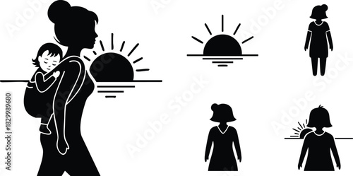 Flat design silhouette mother carrying baby in sling at sunrise with separate sunset and young girl icons family parenting theme in black and white vector set