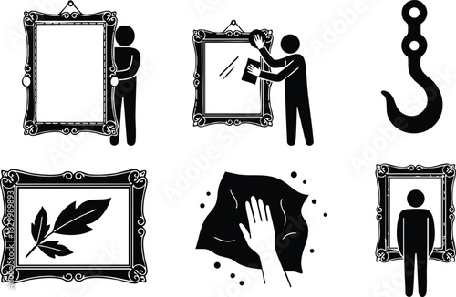 Flat design black pictograms of ornate picture frame hanging cleaning polishing hook support and person standing inside gallery border on white background minimalist style