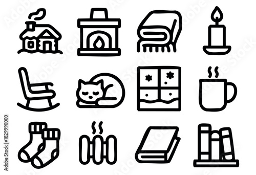 Cozy Home & Hygge line icons — fireplace, warm blanket, and other symbols of comfort and relaxation — stock vector.