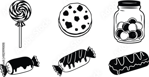 Black and white vector art of assorted sweets including swirl lollipop cookie candy jar wrapped candies and iced eclair dessert icons in simple flat outline style