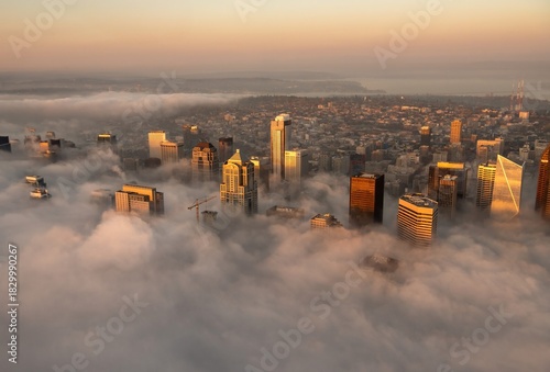 Cuadro en lienzo An aerial view of Puget Sound, West Seattle and downtown Seattle from a helicopt