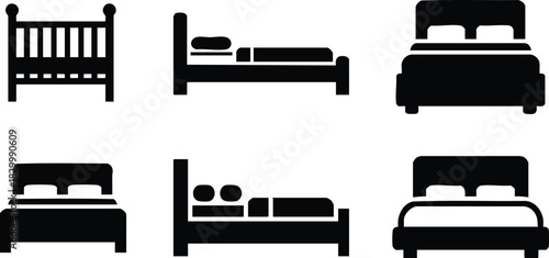 Monochrome vector art set of six bed icons including crib single and double designs in two rows flat silhouette style for bedroom and hotel interface