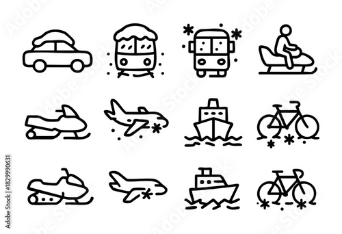 Winter Transportation line icons — various vehicles for travel in snow and cold weather — stock vector.