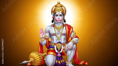 Supreme Powerful Lord Hanuman Embracing Devotion Blessing The World With His Divine Mace Seated In Meditative Pose Wearing Golden Crown And Ornaments Against A Radiant Gold Background Artistic Indian 