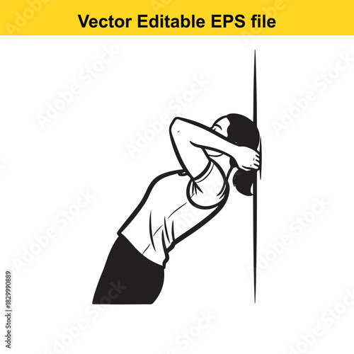Black and white line art vector illustration of a woman performing a wall angel exercise for shoulder mobility and posture correction, isolated on white background
