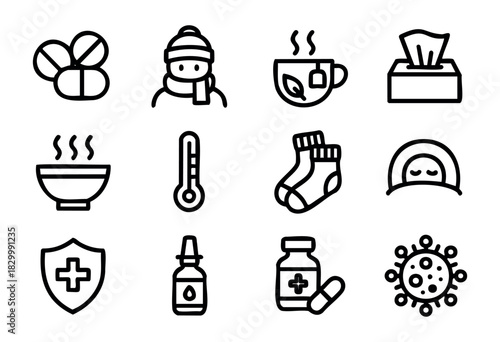Cold & Flu Season line icons — sickness, remedies, and self-care symbols for winter illness — stock vector.