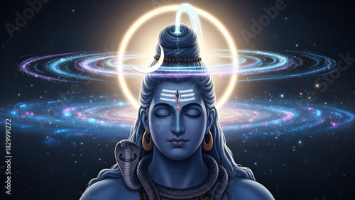 Mahadev Lord Shiva Deep Meditation Pose Cosmic Galaxy Background Powerful Energy Ring Horizontal Light Blue Skin Spiritual Figure Bholenath Shankar Hindu God Universe Destroyer
