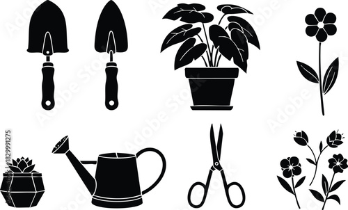 Minimalist vector art set of black gardening tools potted houseplant succulent watering can and flowers arranged in two rows on clean white background