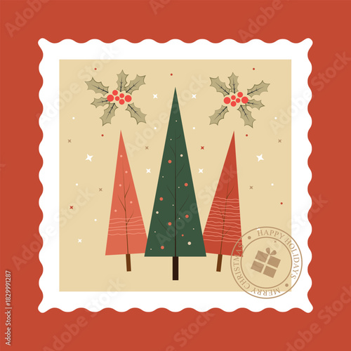 Stylized Christmas trees postage stamp vector illustration in retro mid-century style with three fir trees and holly accents, warm muted holiday palette, ideal for greeting cards, labels and seasonal