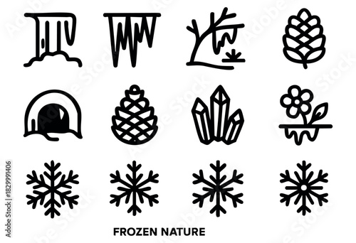 Winter Nature Elements line icons — frozen waterfall, icicles, snowflakes, and other cold weather flora and formations — stock vector.
