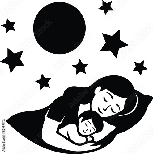 Flat design night scene of sleeping mother cuddling baby under moon and stars with peaceful faces black and white vector art for mothers day love theme
