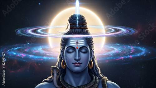 Mahadev Lord Shiva Deep Meditation Pose Cosmic Galaxy Background Powerful Energy Ring Horizontal Light Blue Skin Spiritual Figure Bholenath Shankar Hindu God Universe Destroyer
