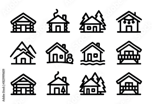 Winter Cabins & Houses line icons — various cozy homes, log cabins, and cottages in snowy settings — stock vector.