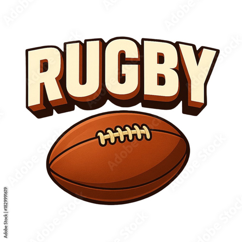 Rugby Sport Text Logo with Brown Ball Illustration on Black Background