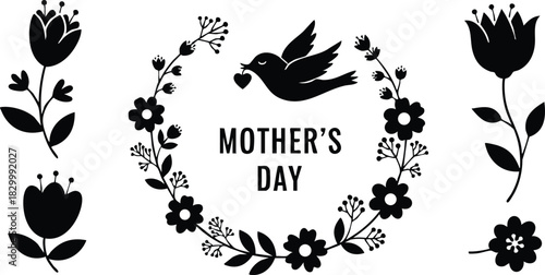 Flat black floral wreath vector with flying bird holding heart around mothers day lettering and separate tulip silhouettes on white background for holiday greeting design