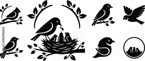 Minimalist vector art black songbird silhouettes with mother feeding chicks in nest surrounded by leafy branches and circular frame icons set on white background