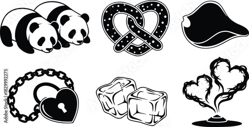 Monochrome vector art set with sleeping panda pair pretzel steak heart padlock ice cubes and stylized tree smoke shapes in bold black silhouette style