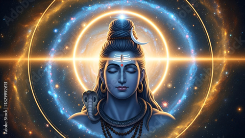Mahadev Lord Shiva Meditation Pose Cosmic Galaxy Background Powerful Energy Ring Horizontal Light Blue Skin Spiritual Figure Bholenath Shankar Hindu God Universe Destroyer
