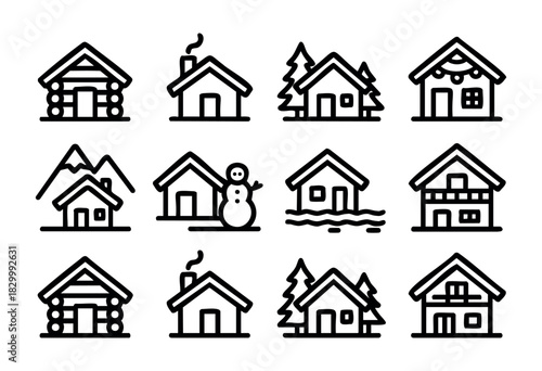 A set of black and white outline icons depicting various houses and dwellings, including log cabins, houses with chimneys, homes surrounded by trees or mountains, decorated houses, a house in a winter