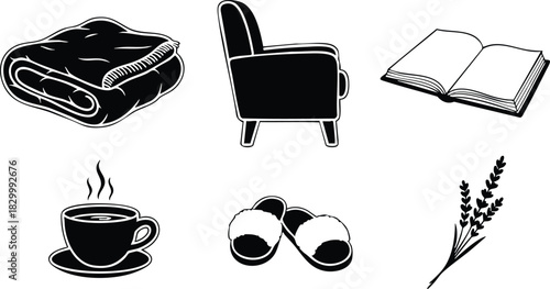 Cozy black and white vector art icons with blanket armchair open book coffee cup slippers and lavender branch arranged in two rows minimal hygge relaxation set